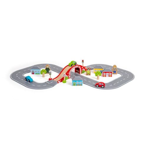 Bigjigs Rail - 36 -teilige Figur der Acht -Straßenbahn (Red Bridge) Race Car Set - Kinderauto -Spielset mit realistischer Grey Road -Strecke, 3 Holzfahrzeuge, Bigjigs -Zugzubehör, Holzstrecke von Bigjigs Toys