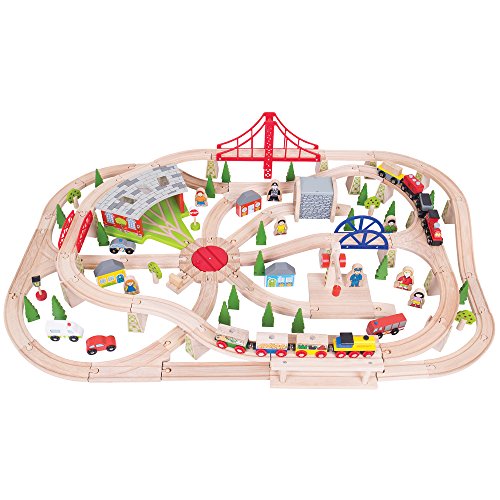 Bigjigs Rail 130pc Freight Wooden Train Set - Freight Kids Train Set with Storage Box, Working Bigjigs Turntable with 2 Train Engines and Multiple Wooden Train Set Accessories von Bigjigs Toys