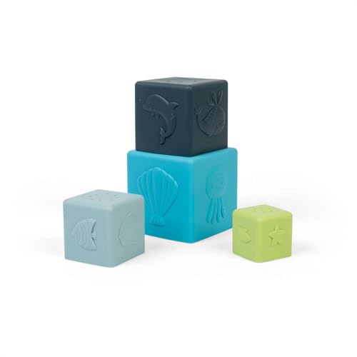 Bigjigs Toys Stapelwürfel - 4 Stück Meerestier-Stacker-Set für Babys & Kleinkinder, 100% Silikon Baby & Kleinkind Badespielzeug, Kindergeschenke, ab 12 Monaten von Bigjigs Toys