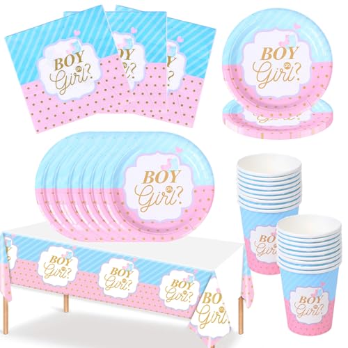 Bikasun Gender Reveal Party Deko Geschirr Set für 16 Gäste, Pappteller Servietten Becher Tischdeko Boy or Girl Deko Partyzubehör Babyparty von Bikasun