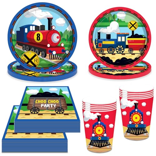 Bikasun Zug Geburtstag Party Supplies, Zug Partygeschirr Train, Zug Geburtstag Party Geschirr Set Zug Geburtstag Teller Train Kindergeburtstag Deko Auto Pappteller Becher Servietten Tischdeko von Bikasun