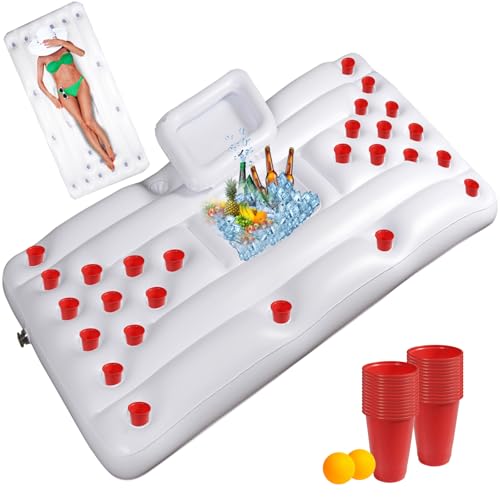 28 Tassenlöchern Aufblasbarer Pong Tisch 180 x 95 cm Luftmatratze Pool Pong Game mit 28 Kunststoffbechern und 2 Ping Pong Bällen für Sommer Schwimmbad Party Pool Wasser-Spaß Strand Mottoparty von Bilisder