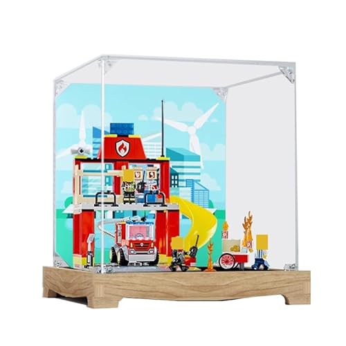 BilliColors Acryl-Vitrine für Lego City 60375, anwendbar für Feuerwehrstation und Feuerwehrauto, Displaybox, Geschenk (nur Vitrine) (Holzboden 2) von BilliColors