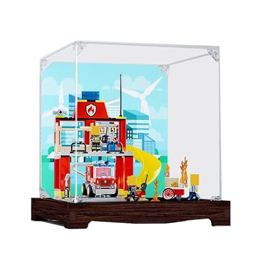 BilliColors Acryl-Vitrine für Lego City 60375, anwendbar für Feuerwehrstation und Feuerwehrauto, Displaybox, Geschenk (nur Vitrine) (Nussbaumboden) von BilliColors