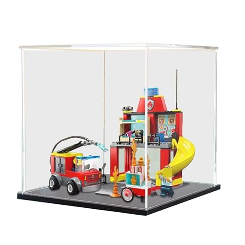 BilliColors Acryl-Vitrine für Lego City 60375, anwendbar für Feuerwehrstation und Feuerwehrauto, Displaybox, Geschenk (nur Vitrine) (schwarze Unterseite) von BilliColors