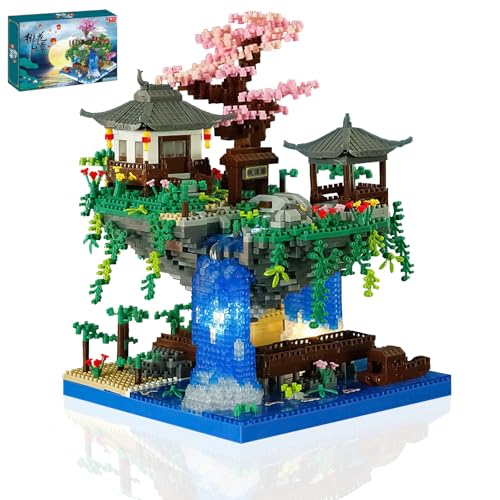 Billowvolve Pfirsichblüten Teich Architektur Mini Baustein Garten Micro Bausteine mit LED 3320 Teile Klemmbausteine Pflanzen Architecture Geschenk für Erwachsene oder Jugendliche (Style 2) von Billowvolve