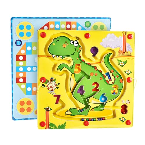 Magnetspiel Labyrinth,Biluer 2-in-1 Holz Magnetspiel Labyrinth Kinderspielzeug Busy Board Lernen Sortierspiel Fliegendes Schach Doppelseitig Kinder Spielzeug für Jungen Mädchen Weihnachten(Dinosaurier von Biluer