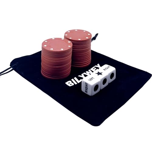 Bilywey Upgrade Würfelspiel-Set links rechts mittig mit 3 Würfeln + 30 Stück 4 cm roten Pokerchips + schwarzer Aufbewahrungsdose (rot) von Bilywey