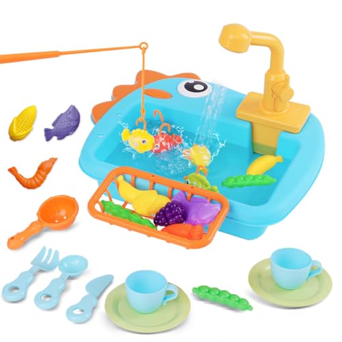 Küchenspüle Spielzeug Set mit Wasserkreislauf Geschirrspüler und Waschbecken 2 in 1 Kinderspielzeug Rollenspiel mit Angelspiel Schneidspielzeug Küchenutensilien Play Food für Kinder ab 3 Jahre (A) von Bimhayuu