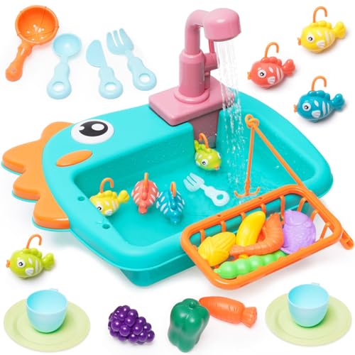 Küchenspüle Spielzeug Set mit Wasserkreislauf Geschirrspüler und Waschbecken 2 in 1 Kinderspielzeug Rollenspiel mit Angelspiel Schneidspielzeug Küchenutensilien Play Food für Kinder ab 3 Jahre (C) von Bimhayuu