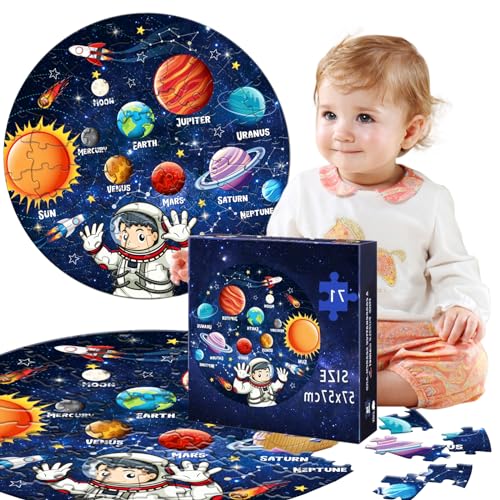 Binblin Kinderpuzzle Sonnensystem,Planeten Kinder für Kinder im Alter von 3-8 Jahren,großes 71 teiliges rundes Weltraum-Planeten Puzzlespielzeug,pädagogisches Lern-Geburtstagsgeschenk von Binblin