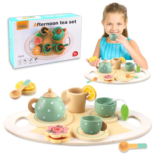 15 Pcs Teeservice Kinder Holz Tee Set, Kinderküche Spielküche Zubehör Holz Küchenzubehör Kinder, Puppengeschirr Kinderküche, Teeparty Spielküche Rollenspiele Geschenk für Kinder Mädchen Jungen von HJZWTS