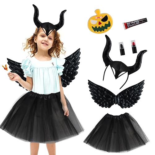 Binggunyo Engelsflügel Schwarz, Halloween Teufel Kostüm Kinder, Tüllrock Mädchen, Teufelshörner, Kunstblut, Lippenstift, Halloween-Verkleidungskiste, Engels Flügel Faschings Halloween Kostüme von Binggunyo