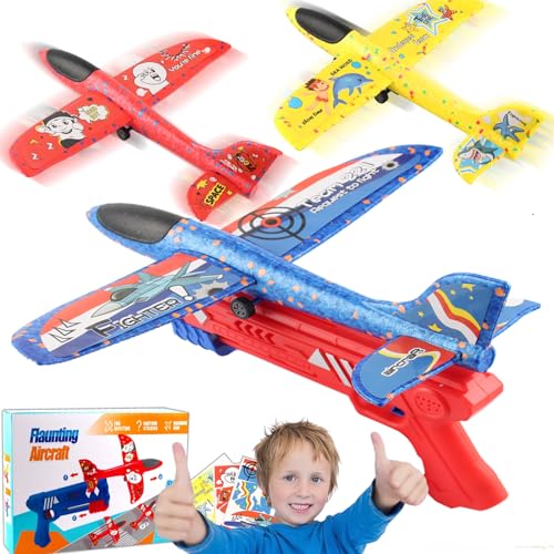 Styroporflieger mit Pistole,Wurfgleiter Styroporflieger, 3 Pack Flugzeug Spielzeug,mit roten, blauen und gelben Flugzeugen , Styropor Flugzeuge für 4-12 Jahre alt Outdoor Garten Interaktives Spiele von Binggunyo