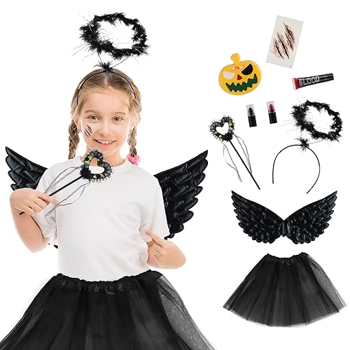 Engelsflügel Schwarz, Halloween Engel Kostüm Kinder, Tüllrock Mädchen, Heiligenschein und Zauberstab, Kunstblut, Lippenstift, Halloween-Verkleidungskiste, Engels Flügel Faschings Halloween Kostüme von Binggunyo