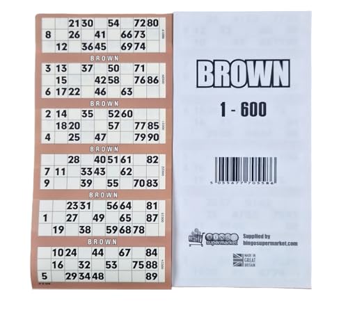 Bingo-Tickets 600 Block 6 auf einem Blatt 1-90 perforiert (braun) von Bingosupermarket