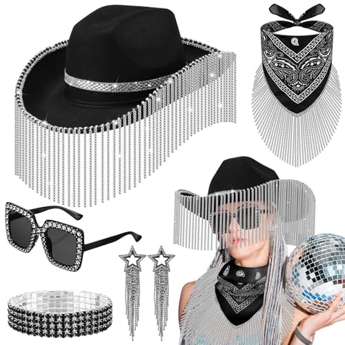 Biniveil Cowgirl-Hut-Set, glitzerndes Cowboyhut-Set, Disco-Zubehör für Damen, Cosplay, Halloween, Sonnenbrille, Armband, Quaste, Ohrringe, Bandana-Set, 5 Stück von Biniveil