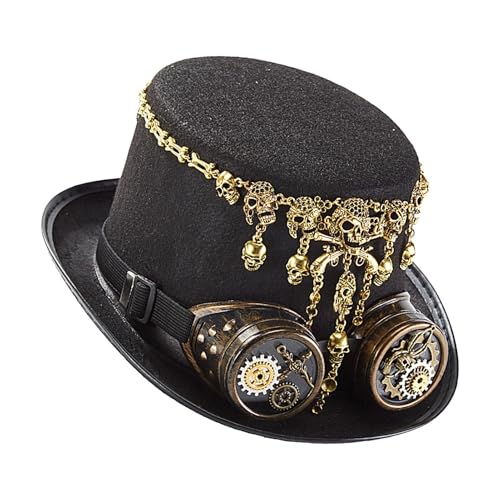 Biniveil Steampunk-Zylinder, Gothic-Hut,Dress Up Cap mit abnehmbarer Schutzbrille - Kreativer Halloween-Hut mit Totenkopfkette für Halloween-Karneval-Cosplay von Biniveil