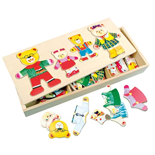 Bino Ankleidepuzzle Bärenfamilie, Spielzeug für Kinder ab 3 Jahre, Kinderspielzeug (Holzspielzeug mit 72 Teilen, kreaitves Bären-Anziehspiel, in hochwertiger Holzbox geliefert), Mehrfarbig von Bino world of toys