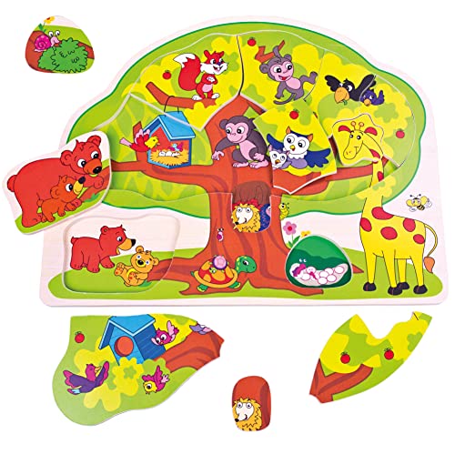 Bino Kinder Puzzle, Motorikspiel (Baum-Puzzle mit verschiedenen Wildtieren, 12-teiliges Kinderspielzeug, Legepuzzel aus hochwertigem Holz, fördert die Motorik, steigert das Wissen), mehrfabrig von Bino world of toys