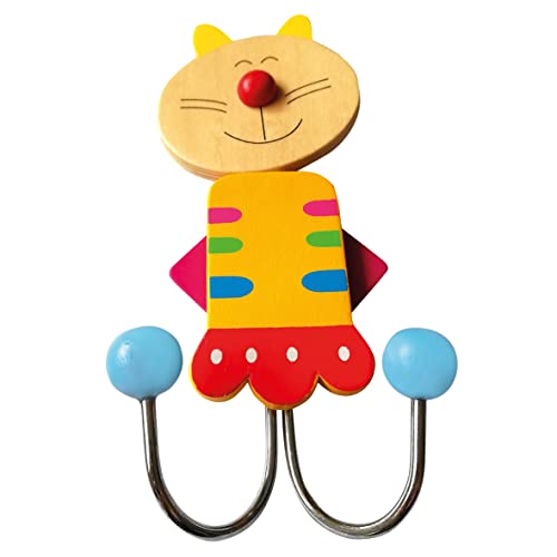 Bino Kleiderhaken mit buntem Katzen Motiv, Kinderzimmer Deko, Garderobe Kinder (Haken ab 36 Monaten geeignet, Wandhaken mit lustigem Tiermotiv, Doppelhaken, Maße: 6,8×14,9×3,3 cm), Mehrfarbig von Bino world of toys