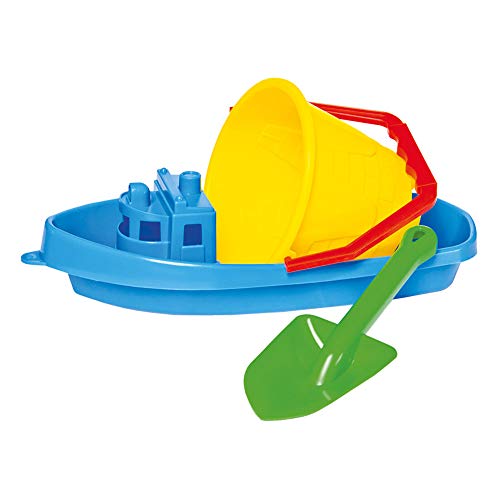 Bino buntes Sandkasten Spielzeug-Set für Kinder ab 12 Monate, Strandspielzeug (3-teiliges Spielset, Sandformen Set mit Boot, Schaufel und Eimer, Größe ca. 40x17x28 cm), Mehrfarbig von Bino world of toys