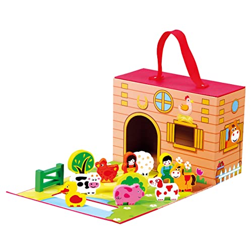 Mertens Farm im Reisekoffer aus Holz Spielzeug für Kinder ab 18 Monate (13-Teilig, Praktischer Koffer aus Pappe mit Tragegriff für Unterwegs, 12 Tierfiguren, Maße: 42 x 17 x 25 cm), Bunt von Bino world of toys