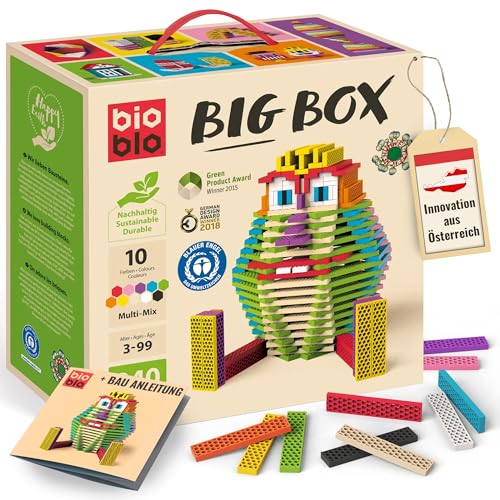 bioblo Big Box Multi Mix mit 340 Stück, Nachhaltige Bunte Bauklötze für Kinder ab 3 Jahren, Holzbausteine Kinderspielzeug, STEM Montessori-Spielzeug für Stapel- & Balancierspiele von bioblo