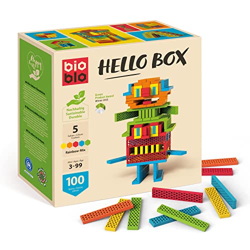 bioblo Hello Box Rainbow Mit 100 Stück | Nachhaltige Bunte Bauklötze für Kinder ab 3 Jahren | Holzbausteine Kinderspielzeug | STEM Montessori Spielzeug für Stapel- & Balancierspiele von bioblo
