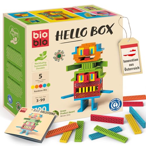 bioblo Hello Box Rainbow Mit 100 Stück, Nachhaltige Bunte Bauklötze für Kinder ab 3 Jahren, Holzbausteine Kinderspielzeug, STEM Montessori Spielzeug für Stapel- & Balancierspiele von bioblo