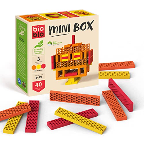 bioblo Mini Box Rusty Robo 40 Stück, Nachhaltige Bunte Bauklötze für Kinder ab 3 Jahren, Holzbausteine Kinderspielzeug, STEM Montessori Spielzeug für Stapel- & Balancierspiele von bioblo