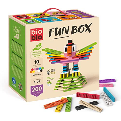 bioblo Fun Box Multi Mix 200 Stück, Nachhaltige Bunte Bauklötze für Kinder ab 3 Jahren, Holzbausteine Kinderspielzeug, STEM Montessori Spielzeug für Stapel- & Balancierspiele von bioblo