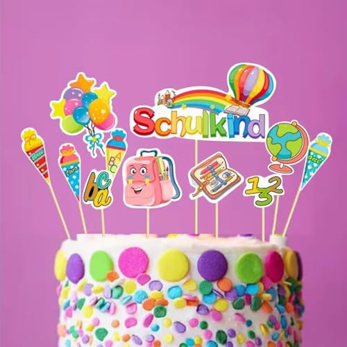 11 Stück Tortendeko Einschulung, Schulkind Papier Tortendeko, Schulanfang Cupcake Topper Set, Einschulung Deko Junge & Mädchen, für Schuleinführung Schultag Party Kuchen Deko Geschenk von Bipl