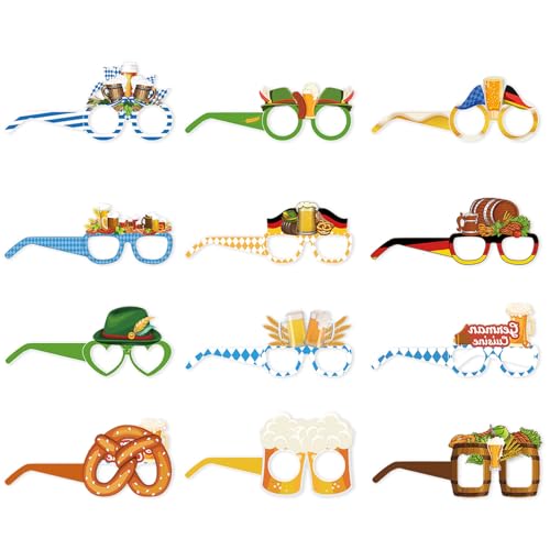 12 Stück Oktoberfest Party Brillen, Lustig Papier Partybrille, Themenparty Brillen, Bayerische Bierfest Foto Requisiten, für Kinder Erwachsene Oktoberfest Kostüm Dekoration Accessoires von Bipl