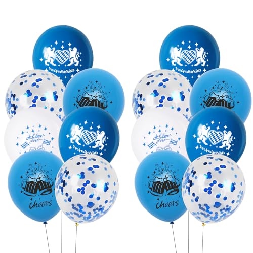 24 Stück Oktoberfest Luftballons Deko, Oktoberfest Blau Weiß Latexballons, Bayerische Deko Heliumballon, Ballons mit Oktoberfest Motiven und Konfetti, für Bayerische Deko Oktoberfest Party Bayern Deko von Bipl