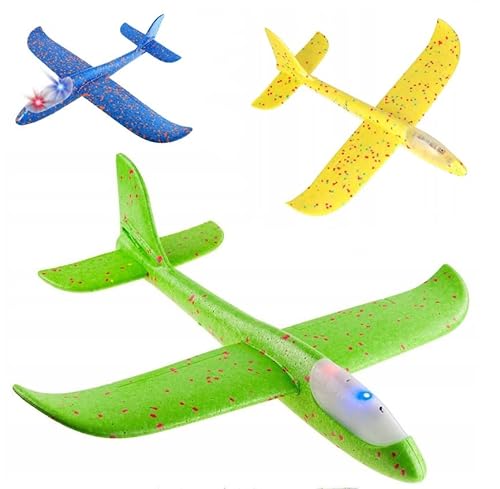 BirnePower Flugzeug Spielzeug Segelflugzeug LED Licht Styroporflieger 49cm Schaum Styropor Flieger Wurfgleiter für Kinder Manuelles Wurfspiel zufällige Farben (3 Stück) von BirnePower