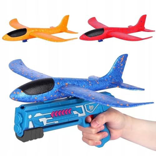 BirnePower Styroporflugzeug Flugzeug Spielzeug Segelflugzeug Styroporflieger 34cm Schaum Styropor Flieger Wurfgleiter mit Katapult Pistole für Kinder zufällige Farben (2 Stück) von BirnePower