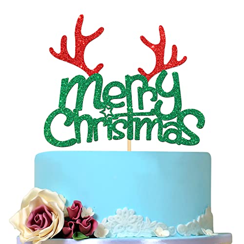 Merry Christmas Cake Topper, Rentier Schild Weihnachten Party Dekorationen, Glitzer Kuchen Pick Dekorationen für Frohe Weihnachten Festival, Grün von Birthday Queen