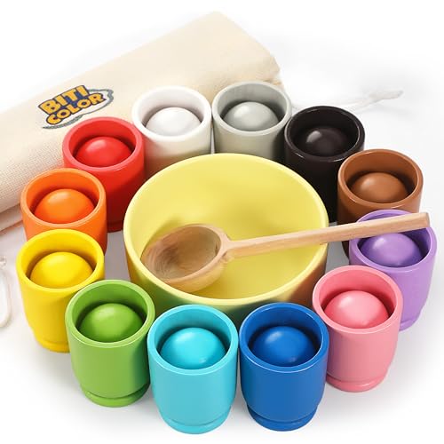 Biticolor Ball in Tasse Montessori Spielzeug hölzerne Regenbogen Farbe Sortieren Spielzeug für Kleinkinder Vorschule Farbe Matching Toy - 12 Ball 40mm von Biticolor