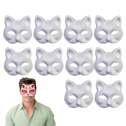 10 Stück Katzenmasken Zum Bemalen, Malbare Katzenmaske, Tiermasken Zum Selbermachen, Leere Fuchsmasken Maskerade DIY Farbe, Selbstgemachte Katzenform, Blanko, Halbgesichtsabdeckung von Bitong