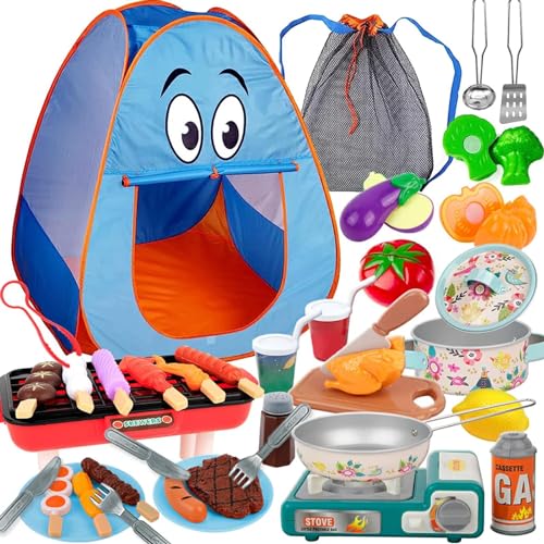 Spielzeug-Camping-Set, Kinder-Camping-Set,Pop-Up-Spielzelt - Camping-Spielzeug, Kleinkind-Abenteuer, Fake Food Pot, Spielset, Spielzeug für Kinder, drinnen und draußen, Rollenspiel, für Jungen und Mäd von Bitong