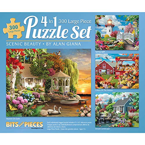 Bits and Pieces,300-teiliges Puzzle für Erwachsene 40.6x50.8 cm – Scenic Beauty 4-in-1 Multipack – 300 Teile Natur Hütte Blume Tier See Licht Haus Scheune Vogel Saison Puzzle von Künstler Alan Giana von Bits and Pieces