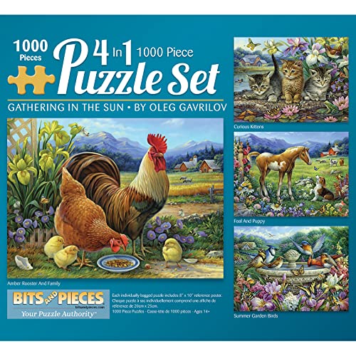 Bits and Pieces,Multipack mit 4 (4) 4-in-1 1000 Teile Puzzles für Erwachsene – Puzzles Maße 50.8x68.6 cm – 1000 Teile Katzenwelpen Hahn Familie Sommer Garten Vögel Puzzles von Künstler Oleg Gavrilov von Bits and Pieces