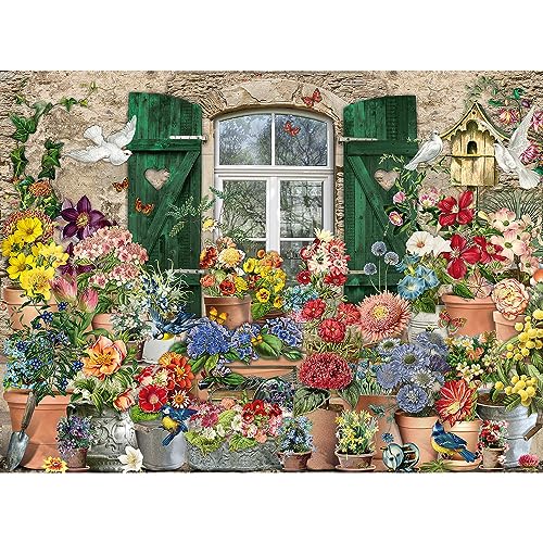 Bits and Pieces - 1000 Teile Puzzle für Erwachsene 50,8 x 68,6 cm – Blumen außen – 1000 Teile Collage Blumen Fenster Vogelhaus Frühling Schmetterling Cottage Puzzle von Künstlerin Barbara Behr von Bits and Pieces