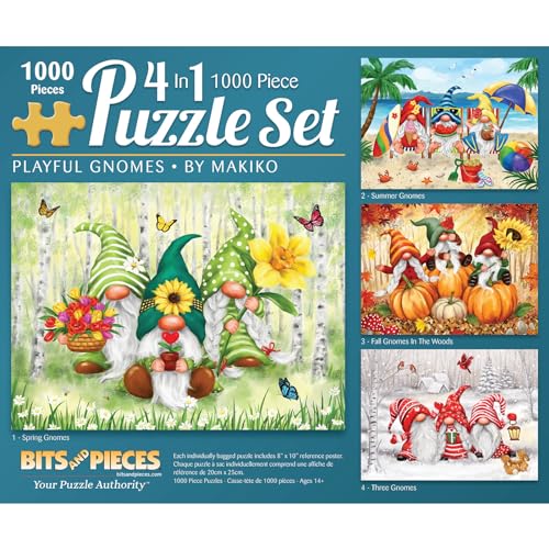 Bits and Pieces - 4-in-1 Multi-Pack 1000 Teile Puzzle für Erwachsene - "Verspielte Zwerge" 1000-teiliges Puzzle-Set von Makiko - 51 cm x 69 cm von Bits and Pieces