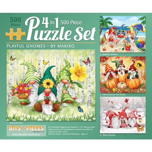 Bits and Pieces - 4-in-1 Multi-Pack 500 Teile Puzzle für Erwachsene – 500-teiliges Puzzle-Set "Verspielte Zwerge" von Makiko – 41 x 51 cm von Bits and Pieces