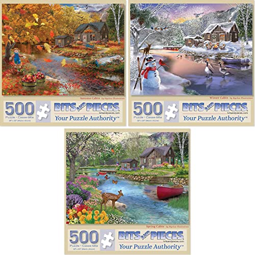 Bits and Pieces Bigelow Illustrations Puzzle-Set mit drei (3) 500-teiligen Puzzles für Erwachsene – jedes Puzzle misst 46 cm x 61 cm, 500 Teile für Herbst, Frühling, Winter Hütte von Bits and Pieces