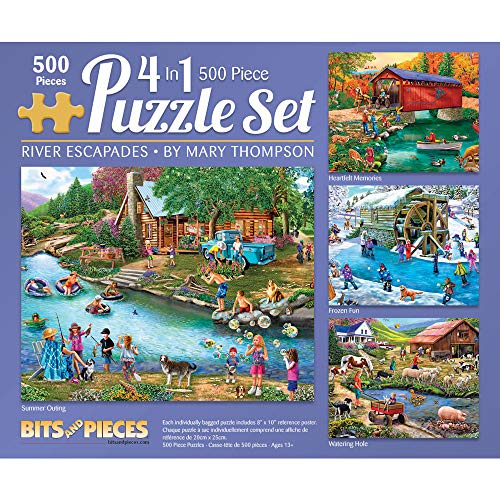 Bits and Pieces River Escapades Multipack 4-in-1-Puzzle-Set, 500-teiliges Puzzle für Erwachsene, jedes Puzzle misst 46 cm x 61 cm, Landwasser-Szenen-Puzzles von Künstlerin Mary Thompson von Bits and Pieces