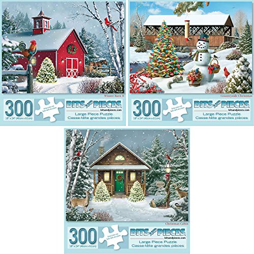 Bits and Pieces - Set mit drei (3) 300 Teile Puzzles für Erwachsene - Winter Barn II, Landschaft, Weihnachten Hütte - 300 Teile Urlaub Schnee Schneemann Puzzle vom Künstler Alan Giana von Bits and Pieces