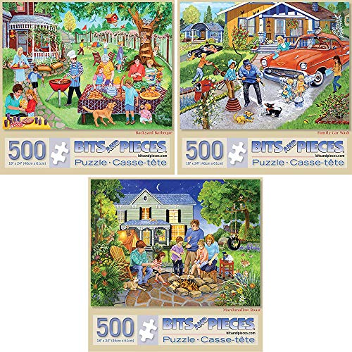 Bits and Pieces - Set mit drei (3) 500-teiligen Puzzles für Erwachsene – jedes Puzzle misst 46 cm x 61 cm – Gartengrill, Familienautowäsche und Marshmallow-Rast-Puzzles von Künstler Sandy Rusinko von Bits and Pieces